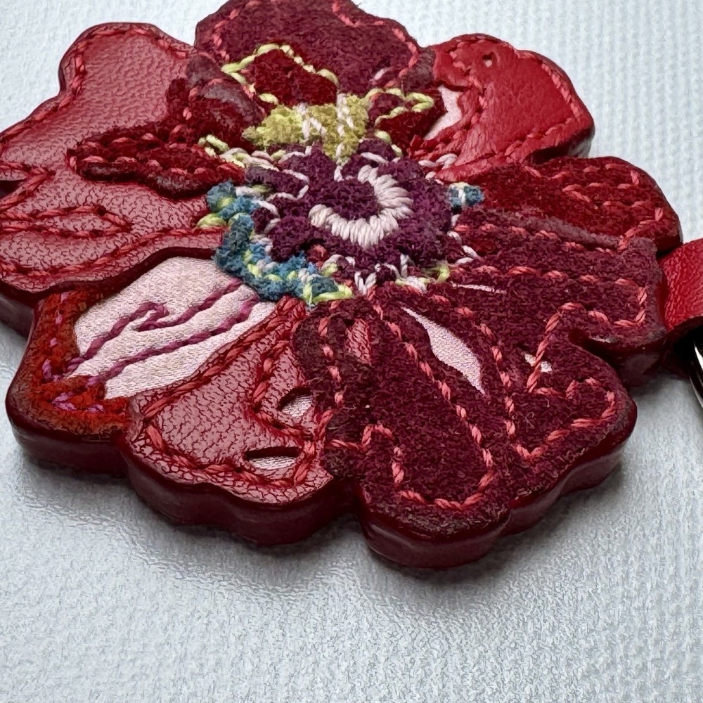 Coach Red Poppy Flower Signature Bag Charm Leather Keychain Fob VTG Y2K - Picture 8 of 16